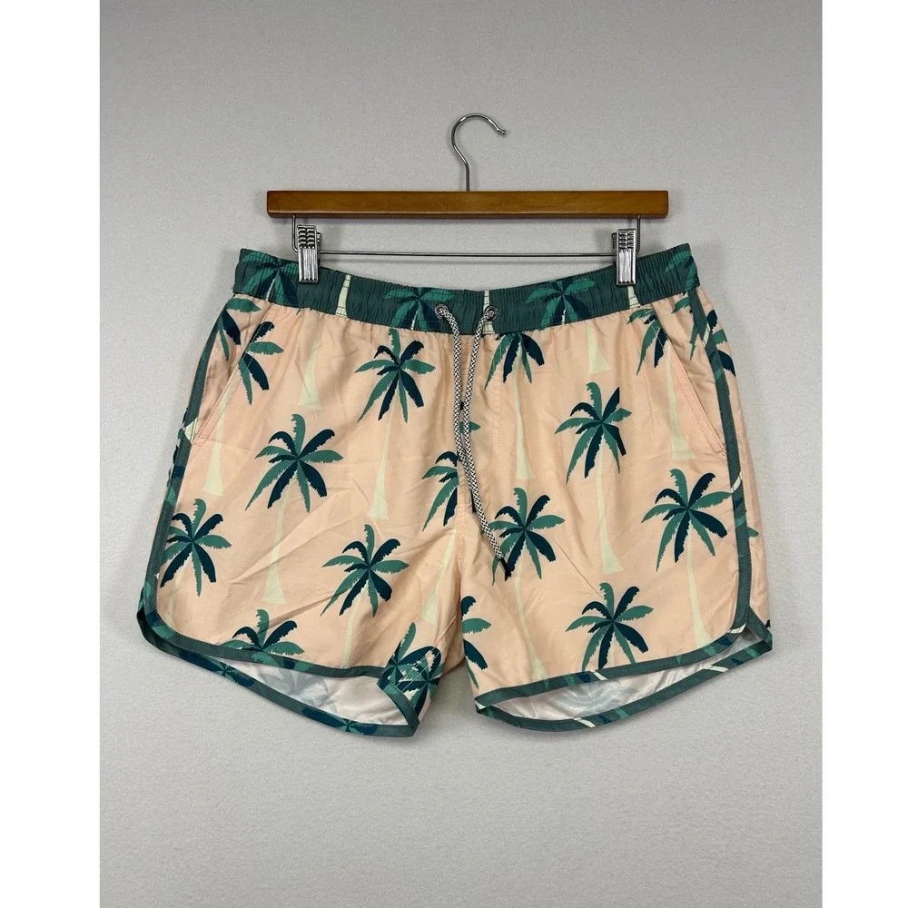 Tropical Beach Maamgic Mens Medium Peach Teal Palm Tree Print Swim Trunks Shorts